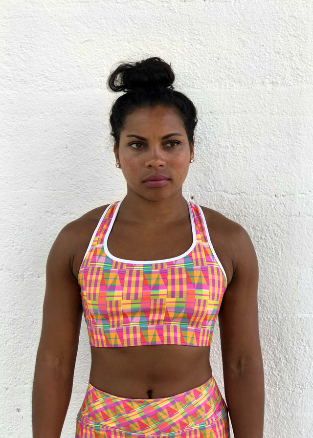 Yoga Bra in Tropikal Palms Pink Kente