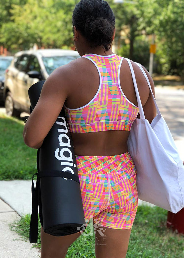 High-Waist Biker Shorts in Tropikal Palms Pink Kente