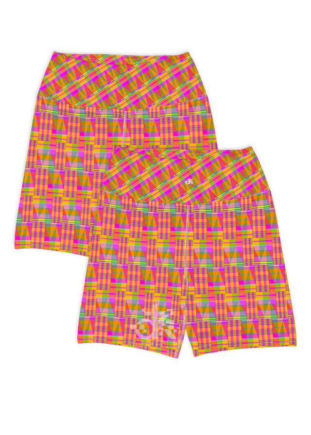 High-Waist Biker Shorts in Tropikal Palms Pink Kente